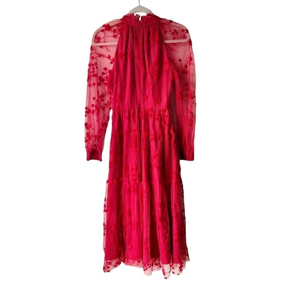 CO Collections Red Floral Embroidered Mock Neck Midi Dress Sz XS - Picture 4 of 8